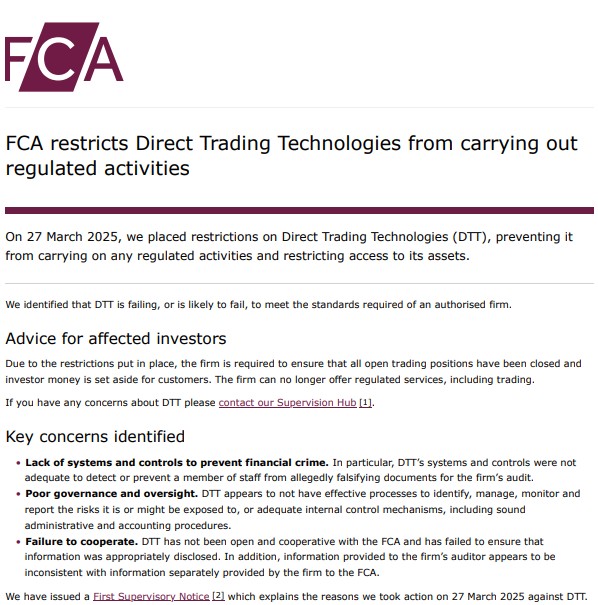 FCA 禁止 CFD 经纪商 Direct Trading Technologies，因审计记录“伪造”_海马财经